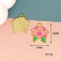 Pink enamel peony flower pendant charm with golden hex mesh back for DIY jewelry - 15 Peony