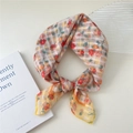 Floral cotton linen square scarf with red orange flowers and yellow hem detail - 58*58cm / 10 Stripe Base-Mallow Yellow