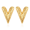V-shaped 18k gold plated stainless steel stud earrings with hammered texture finish - Hammered Heart Earrings Gold (MS-392)