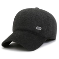 Warm winter fleece-lined thickened baseball cap for men in dark grey wool texture - Square Plate / Black with Square Label