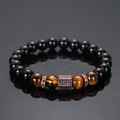 Men's matte black beads and tiger eye stone bracelet with rose gold pavé accents - Rose Gold Pave Polished Black Beads