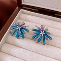 Floral silver needle earrings featuring colorful gradient enamel and zircon accents - Silver Needle-Multi-color-Colorful Enamel Firework(74#)