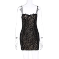 Detailed view of black lace material on a slim-fit backless camisole dress - S / Black