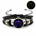 Luminous Libra zodiac bracelet with woven multilayer leather and glowing glass dome charm - Libra / Black