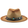 Detail of bohemian straw hat with turquoise beadwork and colorful tassel accents - M (56-58cm) / Light Brown Brown Gradient (06)