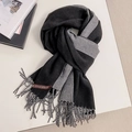 Soft double-sided scarf in black and grey color block with tassel edges and brand label - 200*70cm / Black + Gray