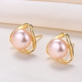 Elegant geometric pink freshwater pearl earrings with gold hollow frame on silk background - 925 Silver / Pink Pearl (Gold Color)