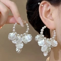 Chic gold hoop earrings with white beads and layered flower petals in French vintage style - Retro Hoop Petal / Gold