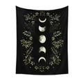 Detailed view of black tapestry featuring vertical lunar phases and botanical leaf patterns - Mystic Rune Moon Phase QY045-7