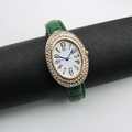 Elegant oval quartz watch with crystal bezel and green crocodile pattern leather strap - Green Arabic Dial