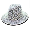 Top view of a silver rhinestone fedora hat with a black brim for stage performance - M (56-58cm) / Silver/Opal
