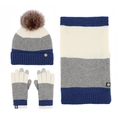 Conjunto de invierno de punto en azul y gris con gorro con pompón, bufanda y guantes - Set de 3 piezas / Blanco + Gris + Azul