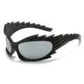 Futuristic black matte sports sunglasses with silver reflective lenses and jagged side wings - Black Frame Silver Mirror