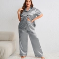 Silver grey satin pajama set with black trim including short sleeve shirt and long pants - 1XL / Top And Bottom / Gray
