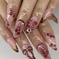 Almond shaped press-on nails with 3D cherry, floral patterns and leopard print accents - Vintage Red Brown Flower Bow Style (JP3856)