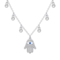 Collana a mano di Hamsa in argento S925 con cristalli di zircone blu e trasparenti - Argento 925 / Stile Platino (DY190822-S-W-WH)