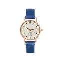 Minimalist women's quartz watch with beige dial and navy blue Milanese mesh steel strap - Blue