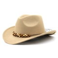 Close-up of khaki wool cowboy hat featuring a bohemian wooden beaded decorative band - M (56-58cm) Adjustable / Camel