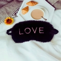 Plush faux rabbit fur sleep mask in dark purple with pink LOVE embroidery for travel - LOVE Embroidery / Black