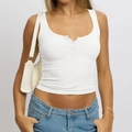 Slim fit white ribbed tank top with U-neck and front buttons on a model - S / White