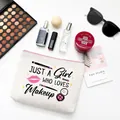 Cream canvas makeup bag with black zipper featuring Just A Girl Who Loves Makeup print - Style A-JUST A Girl WHO LOVES Makeup