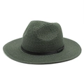Close-up of forest green straw Panama hat with fine spiral woven texture and black ribbon - M (56-58cm) / Dark Green