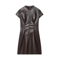 Abito midi in pelle PU marrone a maniche corte con collo alto e zip frontale - XS / caffè