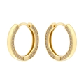 Close-up of golden hoop earrings featuring paved clear cubic zirconia stones in a pair - Gold