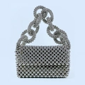 Detailed view of silver metallic beaded evening bag with chunky ring chain handle - Silver