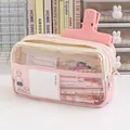 Pink three-layer high capacity transparent pencil case with magnetic clip for students - Pink Case + Pink Magnetic Clip / Pink