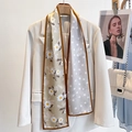 Pink silk skinny scarf with daisy and polka dot prints on a white blazer outfit - Polka Dot Small Floral