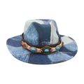 Blue denim patchwork cowboy hat with brown leather turquoise studded band - One Size / Light Blue (Denim Blue Yellow Belt)