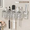 Wall-mounted white wave pattern toothbrush holder set with 4 cups and toothpaste dispenser - Transparent Silver 4 Cups + Toothpaste Squeezer