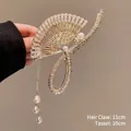 Pinza per capelli a ventaglio dorata con perle da 11 cm e nappe lunghe 10 cm - F22 Forma a Ventaglio Oro