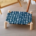 Solid wood cat hammock with navy blue cat print canvas for kittens and small dogs - Blue Cat Print