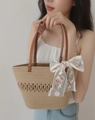 Woven straw tote bag in beige with floral lace ribbon and brown leather handles - Large Coffee Color Hollow with Free Streamer