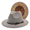Detailed close-up of fedora hat showing grey felt texture and leopard print brim underside - M (56-58cm) / Light Gray