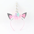 Sparkling silver unicorn headband with glitter ears and colorful floral fabric decorations - One Size / Silver Unicorn Headband