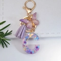 Purple resin letter C keychain with glitter, gold lobster clasp and leather tassel - Letter C