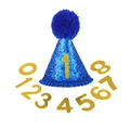 Blue sequin dog birthday party hat with interchangeable glittery gold numbers zero to eight - Blue Sequin Hat with Gold Numbers