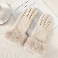 Elegant beige winter touch screen gloves with faux fur trim and gold fashion plate - Gold Label Rabbit Fur / Beige