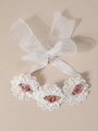 Elegant baby lace headband with white chiffon bow and pink satin roses details - 3 Dusty Pink Flowers