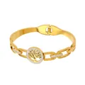 Detailed close-up showing gold stainless steel tree of life bangle and its dimensions - Tree of Life Style (Z085) / Gold