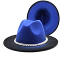 Two-tone royal blue and black wool fedora hat with white pearl band decoration - M (56-58cm) / Royal Blue + Black