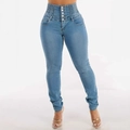 Blauwe jeans met hoge taille voor dames met knoopsluiting en elastische denim kwaliteit - S / Lichtblauw