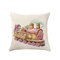 Pink gingerbread train linen pillow cover with Christmas tree and snowman design - Gingerbread Train (2307-18)