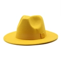 Classic bright yellow wool fedora hat with matching grosgrain ribbon and flat wide brim - M (56-58cm) / Yellow