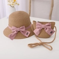 Kids straw sun hat and matching crossbody bag set with cute pink bow decorations - Kids 54cm (4-9 Years) / Hat + Bag Set / Brown