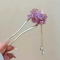 U-shaped hair pin with purple gradient flower petals and long pearl tassel detail - Purple Peony Double Prong - Gold