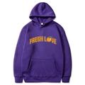 Purple hooded sweatshirt with orange Fresh Love print and convenient kangaroo pocket - Purple